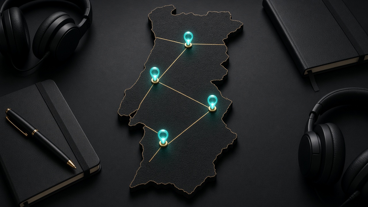 Mapa de mesa com pinos luminosos a marcar o circuito