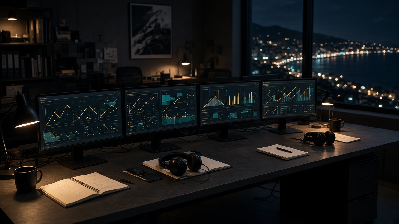 Redação noturna com monitores e luz de cidade ao fundo