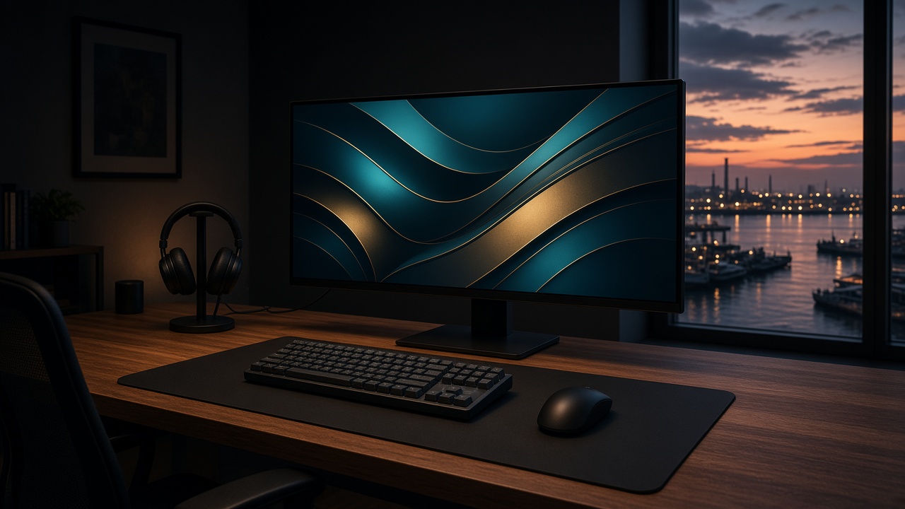 Secretária escura com monitor largo, teclado e auscultadores junto a uma janela