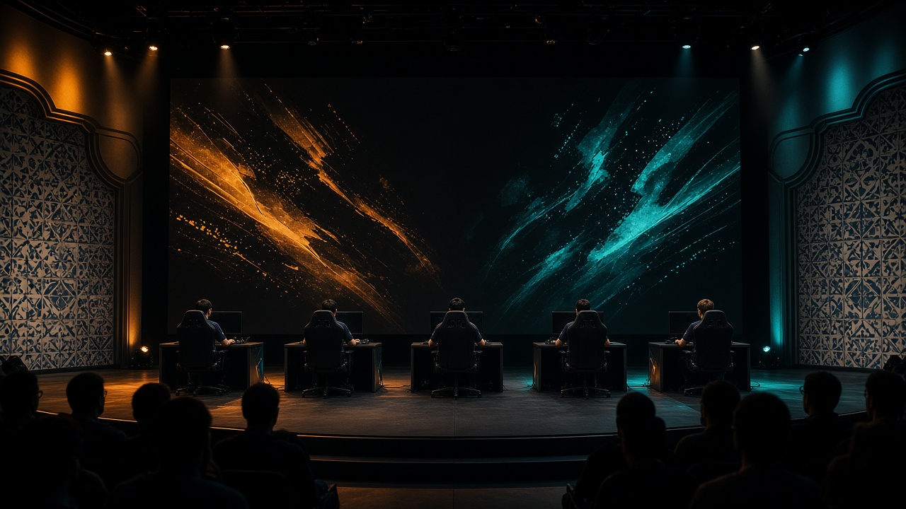 Palco de torneio com cinco estações alinhadas e luz de arena